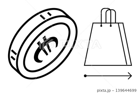 E-commerce, cryptocurrency, online shopping, retail trade, digital payments, cryptocurrency transactions. A cryptocurrency coin with a shopping bag and arrow. E-commerce and cryptocurrency concepts E-commerce, cryptocurrency, online shopping, retail trade, digital payments, cryptocurrency transactions. A cryptocurrency coin with a shopping bag and arrow. E-commerce and cryptocurrency concepts 139644699