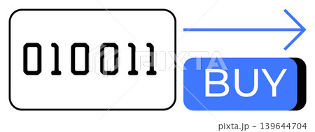 Technology, e-commerce, digital transactions, coding, online marketplace, programming. Binary code next to a blue buy button with an arrow. E-commerce and digital transactions concept 139644704