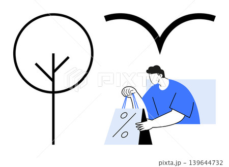 Sustainability, eco-friendly shopping, retail, sales promotions, consumer behavior, environmental awareness. Abstract shapes include tree, bird symbol and person holding bags. Sustainability Sustainability, eco-friendly shopping, retail, sales promotions, consumer behavior, environmental awareness. Abstract shapes include tree, bird symbol and person holding bags. Sustainability 139644732