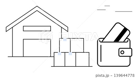Delivery management, online shopping, payment, supply chain, order fulfillment, e-commerce. Warehouse with stacks of boxes and a wallet with a credit card. Delivery management and online shopping Delivery management, online shopping, payment, supply chain, order fulfillment, e-commerce. Warehouse with stacks of boxes and a wallet with a credit card. Delivery management and online shopping 139644778
