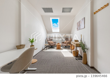 Modern office lounge area with skylight and two armchairs 139645466