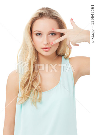 Peace sign, eyes and portrait of woman on a white background with confidence, pride and attitude. Fashion, beauty and isolated person with hand gesture in trendy clothes, style and outfit in studio Peace sign, eyes and portrait of woman on a white background with confidence, pride and attitude. Fashion, beauty and isolated person with hand gesture in trendy clothes, style and outfit in studio 139645561