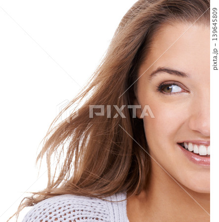 Woman, wellness and cosmetics in studio, smiling and confidence for haircare on white background. Happy female person, makeup and pride for beauty, satisfaction and positive attitude on half face Woman, wellness and cosmetics in studio, smiling and confidence for haircare on white background. Happy female person, makeup and pride for beauty, satisfaction and positive attitude on half face 139645809