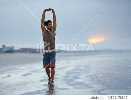 Health, stretching and beach with man, fitness and vacation with summer break and morning. Travel, ocean and person with holiday or seaside with with exercise, peaceful and water with wellness or sky Health, stretching and beach with man, fitness and vacation with summer break and morning. Travel, ocean and person with holiday or seaside with with exercise, peaceful and water with wellness or sky 139645843