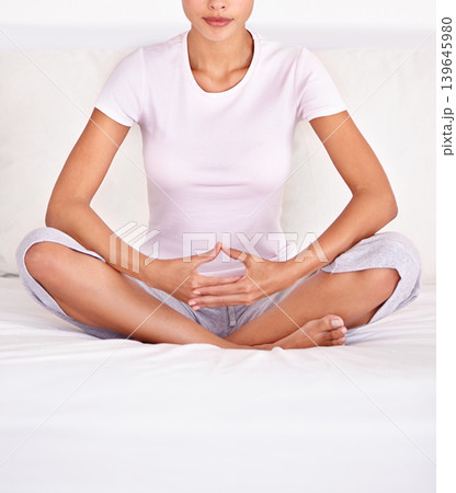 Health, calm and closeup of woman with meditation for peace, zen or mindful wellness on bed. Relax, zoom and young female person in position for spiritual balance in bedroom at apartment as self care Health, calm and closeup of woman with meditation for peace, zen or mindful wellness on bed. Relax, zoom and young female person in position for spiritual balance in bedroom at apartment as self care 139645980