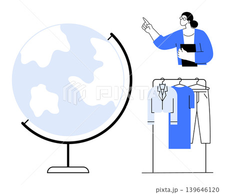 Globalization, fashion retail, education, style inspiration, design trends, professional guidance. A globe, clothing rack and a person pointing. Globalization and fashion retail 139646120