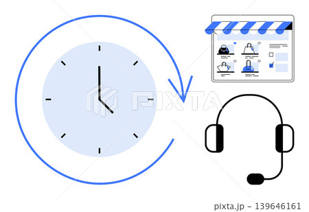 E-commerce, customer service, online shopping, technical support, business operations, time management. Clock with arrow, headset and online store elements. E-commerce and customer service 139646161