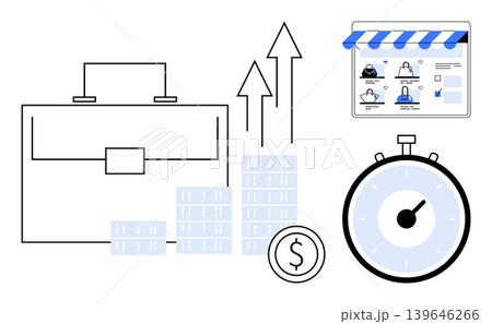 Business strategy, e-commerce, time management, financial planning, online shopping, productivity. A briefcase, bar chart coin stopwatch and e-commerce storefront. Business strategy and e-commerce 139646266