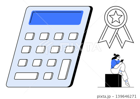 Education, achievement, finance, productivity, technology, remote learning. Large calculator with award ribbon and seated individual on phone. Achievement and education concept 139646271