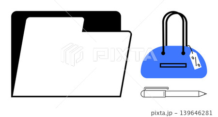 Business tools, organization, office supplies, fashion, branding, productivity. Black folder, blue handbag with a price tag and pen. Focus on business tools and organization concepts Business tools, organization, office supplies, fashion, branding, productivity. Black folder, blue handbag with a price tag and pen. Focus on business tools and organization concepts 139646281