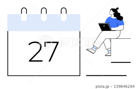 Time management, work organization, scheduling, productivity, remote work, effective planning. A calendar with the number 27 and a person working on a laptop. Time management and work organization Time management, work organization, scheduling, productivity, remote work, effective planning. A calendar with the number 27 and a person working on a laptop. Time management and work organization 139646284