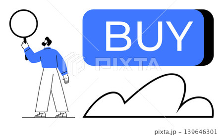 E-commerce, online shopping, digital marketing, user interface, retail sales, search functionality. Cartoon man holding magnifying glass, with buy button and cloud. E-commerce and online shopping E-commerce, online shopping, digital marketing, user interface, retail sales, search functionality. Cartoon man holding magnifying glass, with buy button and cloud. E-commerce and online shopping 139646301