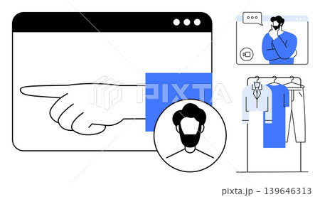 E-commerce, online shopping, personal identity, virtual interaction, retail services, digital communication. Person considering options, a pointing hand clothing rack. E-commerce and online shopping 139646313