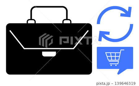 Business strategy, online shopping, e-commerce, sustainability, transactions, digital transformation. Black briefcase, recycling arrows shopping cart icon. E-commerce and sustainability concept Business strategy, online shopping, e-commerce, sustainability, transactions, digital transformation. Black briefcase, recycling arrows shopping cart icon. E-commerce and sustainability concept 139646319