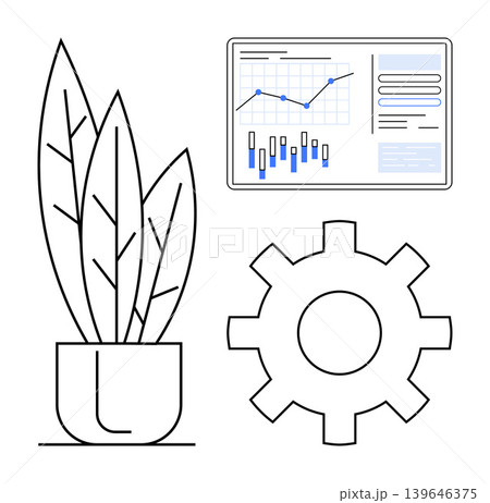 Business strategy, data visualization, productivity, growth, eco-conscious design, innovation. Gear, plant and graph on screen. Business strategy and data visualization in focus Business strategy, data visualization, productivity, growth, eco-conscious design, innovation. Gear, plant and graph on screen. Business strategy and data visualization in focus 139646375