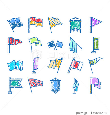 Different flag shapes and banners doodle icons set Different flag shapes and banners doodle icons set 139646480
