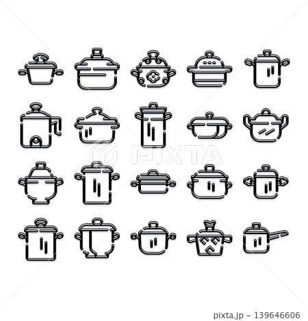 Cooking pots and pans kitchen utensils line icons Cooking pots and pans kitchen utensils line icons 139646606