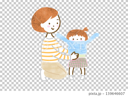一幅母親給女兒穿衣服的插圖。 一幅母親給女兒穿衣服的插圖。 139646607
