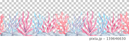 Seamless banner with colorful seaweed and rocks. Botanical illustration done in watercolor. Hand drawn. Natural forms of marine flora. Tourist border, children design, underwater theme, tourism. Seamless banner with colorful seaweed and rocks. Botanical illustration done in watercolor. Hand drawn. Natural forms of marine flora. Tourist border, children design, underwater theme, tourism. 139646630