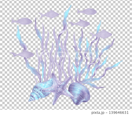 Composition with seaweed, starfish and a shell with fish. Marine summer watercolor illustration with seabed elements. Hand drawn isolated art. Suitable for childrens design, travel and packaging. Composition with seaweed, starfish and a shell with fish. Marine summer watercolor illustration with seabed elements. Hand drawn isolated art. Suitable for childrens design, travel and packaging. 139646631
