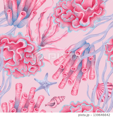 Seamless marine pattern featuring corals, shells, seaweed, starfish. Watercolor illustrations of underwater animals. Hand drawn background. Summer ocean vibes for fabric, paper, wallpaper, textiles. Seamless marine pattern featuring corals, shells, seaweed, starfish. Watercolor illustrations of underwater animals. Hand drawn background. Summer ocean vibes for fabric, paper, wallpaper, textiles. 139646642