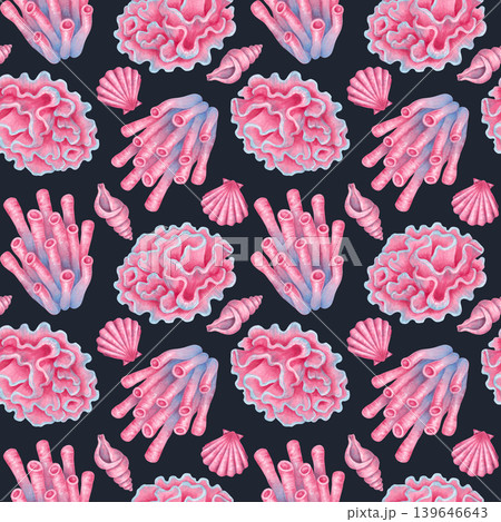 Seamless marine pattern with pink tube corals, shells, scallops. Watercolor illustration of underwater animals. Hand drawn background. Tropical marine atmosphere for fabric, paper and textiles. 139646643