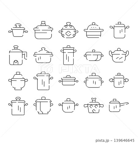 Cookware kitchen pots and pans line art icons Cookware kitchen pots and pans line art icons 139646645