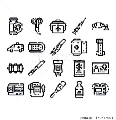 First aid and emergency medical care equipment icons First aid and emergency medical care equipment icons 139647004
