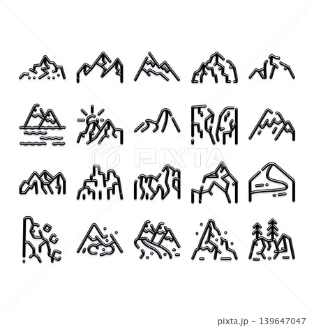 Mountain peaks and landscapes outline icons collection Mountain peaks and landscapes outline icons collection 139647047