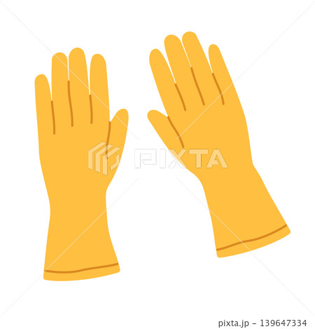 Yellow rubber cleaning gloves flat vector illustration isolated on white background. Simple household protective gloves for cleaning, washing and housekeeping 139647334