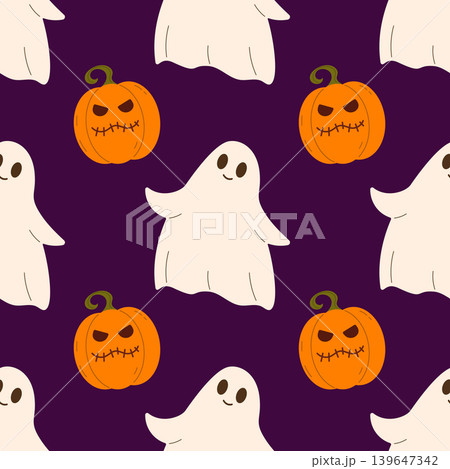 Halloween seamless pattern with cute ghosts and scary pumpkins on dark purple background. Minimal flat vector illustration. Spooky autumn texture for fabric, wrapping paper and seasonal design Halloween seamless pattern with cute ghosts and scary pumpkins on dark purple background. Minimal flat vector illustration. Spooky autumn texture for fabric, wrapping paper and seasonal design 139647342