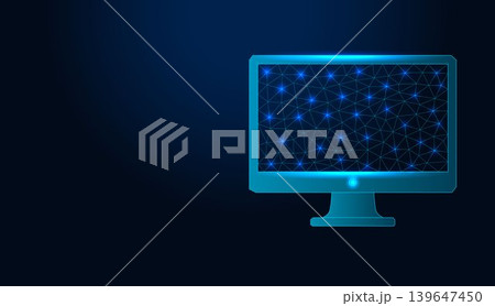Low poly wireframe computer monitor on dark blue background. 139647450