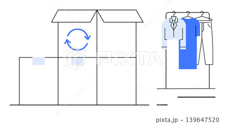 Sustainability, packaging, clothing return process, logistics, eco-friendly practices, circular economy. Minimalist illustration of boxes with recycling icon and garments on a rack. Sustainability 139647520
