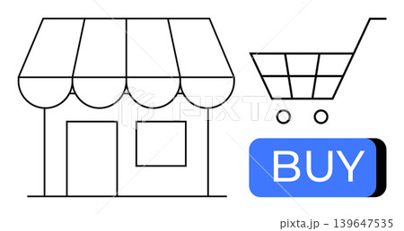 E-commerce, online businesses, shopping solutions, digital retail, internet marketing, store management. Minimalist storefront, cart icon and buy button. E-commerce and online businesses concept 139647535