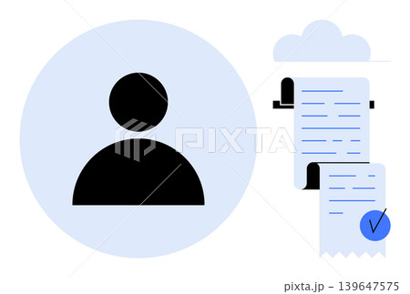 User authentication, digital identity, document verification, online security, data certification, cloud services. Person icon beside a verified document. User authentication and digital identity 139647575