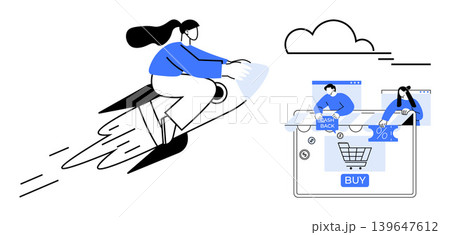 Online shopping, e-commerce, digital marketing, online discounts, cashback, virtual transactions. Woman on rocket aiming at shopping deals. Online shopping and e-commerce concept Online shopping, e-commerce, digital marketing, online discounts, cashback, virtual transactions. Woman on rocket aiming at shopping deals. Online shopping and e-commerce concept 139647612
