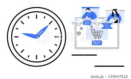 Online shopping, time management, e-commerce, cashback, discounts, digital purchasing. Clock next to a shopping cart screen with cashback and discount icons. Online shopping and time management Online shopping, time management, e-commerce, cashback, discounts, digital purchasing. Clock next to a shopping cart screen with cashback and discount icons. Online shopping and time management 139647628