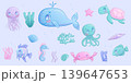 A collection of hand-drawn cute marine animals on a blue background. Whale, jellyfish, octopus, fish, seahorse, turtle, crab, star. Isolated cartoon children's vector illustration for the design  139647653