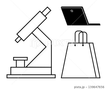 Science research, e-learning, online shopping, innovation, technology integration, consumerism. Minimalist microscope, laptop and shopping bag icons. Science research and e-learning concept 139647656