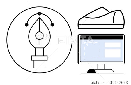 Graphic design, branding, e-commerce, product design, creativity, software usage. Stylized pen tool, shoe shape outline and computer design interface. Graphic design and branding concepts Graphic design, branding, e-commerce, product design, creativity, software usage. Stylized pen tool, shoe shape outline and computer design interface. Graphic design and branding concepts 139647658