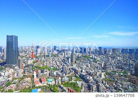 東京都港区、東京タワーと麻布台ヒルズ森JPタワーの風景 139647708