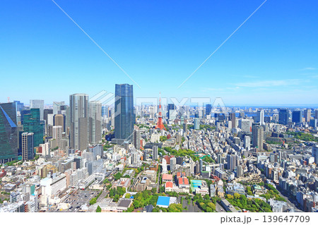 東京都港区、東京タワーと麻布台ヒルズ森JPタワーの風景 139647709
