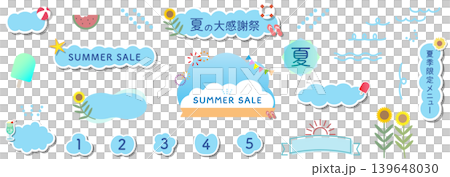 ポップな水色の夏の雲形吹き出しセット　ベクターイラスト　ブルー　フレーム　白背景　あしらい　線　透明 139648030