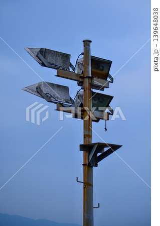 Close-up of the lighting equipment in the street in Hong Kong. With blue sky background. Cityscape. 139648038