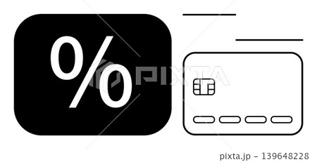 Banking, finance, online shopping, discount offers, payment methods, financial security. Black percentage sign and credit card icon in minimalist style. Finance and online shopping concept Banking, finance, online shopping, discount offers, payment methods, financial security. Black percentage sign and credit card icon in minimalist style. Finance and online shopping concept 139648228