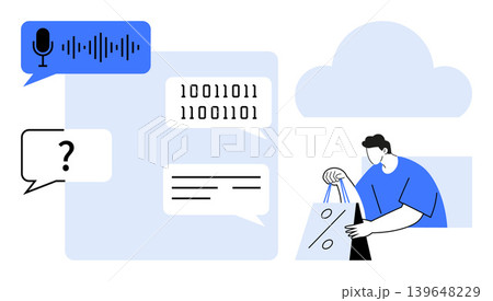 Artificial intelligence, cloud services, e-commerce, voice assistants, binary code, digital interaction. Speech bubble with microphone and binary code, person shopping bags. AI and cloud services Artificial intelligence, cloud services, e-commerce, voice assistants, binary code, digital interaction. Speech bubble with microphone and binary code, person shopping bags. AI and cloud services 139648229