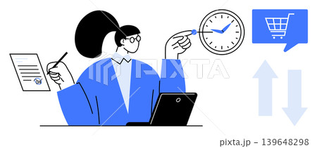 Business management, online shopping, time tracking, digital marketing, workflow efficiency, ecommerce solutions. Woman with laptop, clock and shopping cart icons. Business management and online 139648298