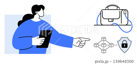 Blockchain technology, digital security, business solutions, data protection, information security, remote work. Woman holding tablet and pointing at icons of blockchain, shield lock, and briefcase Blockchain technology, digital security, business solutions, data protection, information security, remote work. Woman holding tablet and pointing at icons of blockchain, shield lock, and briefcase 139648300