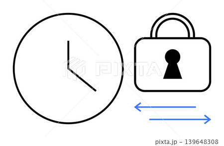 Time management, data security, information encryption, secure file transfer, digital privacy, cybersecurity. Clock adjacent to a padlock with arrows. Time management and data security Time management, data security, information encryption, secure file transfer, digital privacy, cybersecurity. Clock adjacent to a padlock with arrows. Time management and data security 139648308