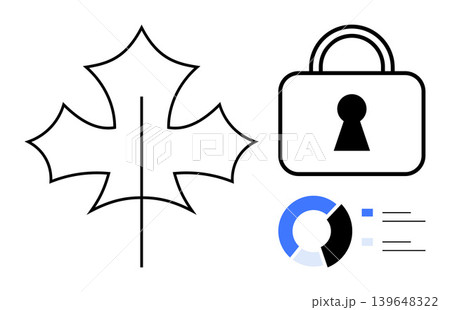 Data privacy, national security, cybersecurity, analytics, technology security, online protection. Image shows a lock, maple leaf and data chart. Data privacy and national security 139648322